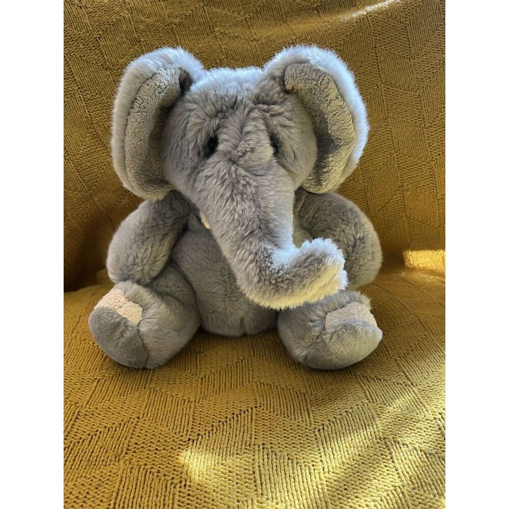 Vintage Russ Elroy the Elephant Plush Stuffed Animal 11" Grey Pellets Trunk Up